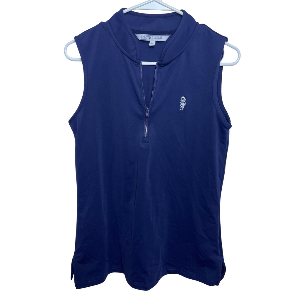 Smith‎ & Quinn Womens Navy Blue Quarter Zip Sleeveless Golf Polo Top Seahorse M
